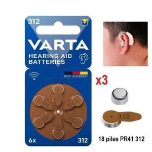 VARTA Piles supplémentaires pour appareils auditifs //Aide auditif 1,45 V Taille 312 PR41 //Paquet de 3 x 6 piles