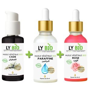 LY BIO PACK HUILE CADE 50ML - POMPE + HUILE PARAFFINE 50ML - PIPETTE + HUILE ROSE 50ml - PIPETTE