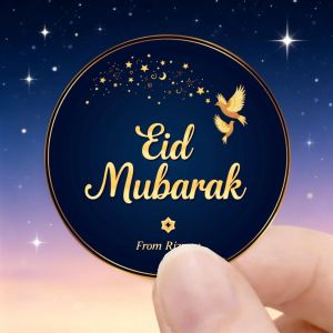 24pcs/48pcs Stickers Eid Mubarak  Bleu Marine Rond avec Oiseau Doré et Étoiles, Design Festif pour Célébrations et Décoration de Cadeaux, Papier Brillant, Usage Unique