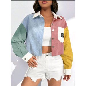 Veste Femme Courte en Velours Côtelé à Manches Longues – Veste Color Block Ouverte sur le Devant – Style Streetwear Tendance pour Automne et Hiver
