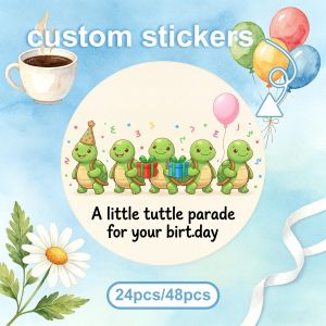 24/48 autocollants personnalisés, style tortue de dessin animé, vert et multicolore, motif petit défilé de tortues avec boîtes cadeaux et ballons, texte "Un petit défilé de tortues pour votre anniversaire", décoration de fête d'anniversaire et accessoir