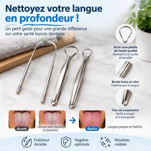 Gratte-Langue en Acier Inoxydable – Lot de 3 Nettoyeurs de Langue avec Étui, Brosse et Grattoir Buccal Réutilisable pour Adultes et Enfants, Accessoire d’Hygiène Dentaire pour une Langue Propre et une Haleine Fraîche
