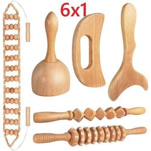Outils de massage thérapeutiques en bois 6 en 1, masseur en bois Gua Sha pour modeler le corps, ensemble d'outils de massage thérapeutiques en bois pour soulager les douleurs musculaires, drainage lymphatique, masseur anti-cellulite