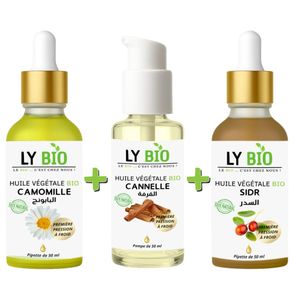 LY BIO PACK HUILE CAMOMILLE 50ML - PIPETTE + HUILE CANNELLE 50ML - POMPE + HUILE SIDR 50ML - PIPETTE