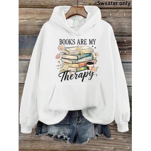 Sweat à capuche graphique pour femme - « Les livres sont ma détente » Motif de livres empilés floraux et café, Sweat décontracté à capuche