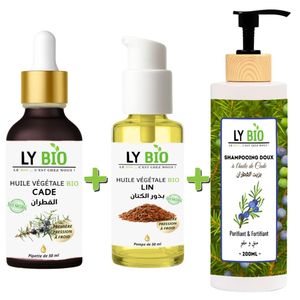 LY BIO PACK HUILE CADE 50ML - PIPETTE + HUILE LIN 50ML - POMPE + SHAMPOOING A L'HUILE DE CADE 200ML