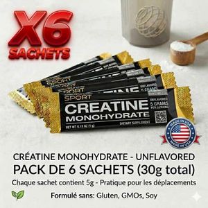 SPORT 6 Packets of 5000mg of Monohydrate & Micronized Creatine, Unflavored as Powder 5-grammes each for Muscle Building and Recovery (No Fillers) - كرياتين مونوهيدرات نقي ميكرونيزد 6 عبوات 5,000 مجم (5 جرام) لكل عبوة مسحوق بدون نكهة 