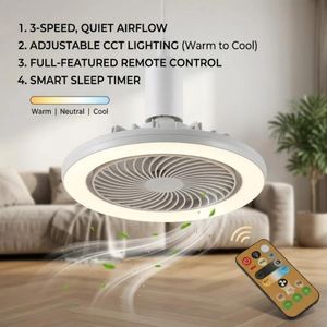 Ventilateur de Plafond avec Lampe LED E27 et Télécommande – Ventilateur Silencieux 360° avec 3 Vitesses et 3 Modes d'Éclairage