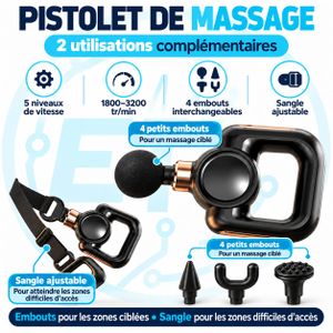 Pistolet de massage 2 en 1 avec 4 embouts et sangle pour zones difficiles acces 5 vitesses