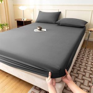 Drap Housse gris de lit avec bande trés doux + 2 Taies d'oreiller 160x200cm