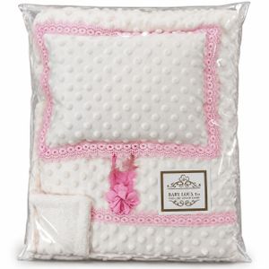 Ensemble Bébé Couverture + Oreiller – Doux et Confortable – Design Blanc et Rose avec Dentelle Décorative – Tissu à Pois en Relief – Set Élégant pour Nouveau-Né – Idéal Cadeau de Naissance