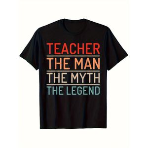 T-shirt Graphique « Teacher The for Man The Myth The » - T-shirt Unisexe Noir Épais 180g/m² 100_ avec Lettrage Audacieux Rouge et Bleu, Coupe Régulière S-3XL, Confort Toutes Saisons, T-shirt Décontracté Lavable en Machine pour Homme