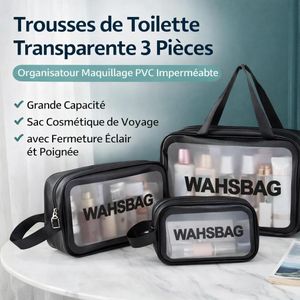 حقيبة مستحضرات تجميل شفافة 3 قطع – منظم أدوات التجميل والسفر مقاوم للماء بسحاب ومقبض – سعة كبيرة 