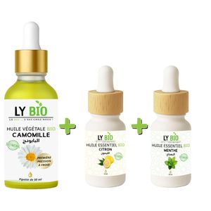 LY BIO PACK HUILE CAMOMILLE 50ML - PIPETTE + HUILE ESSENTIEL CITRON 10ML + HUILE ESSENTIEL MENTHE 10ML