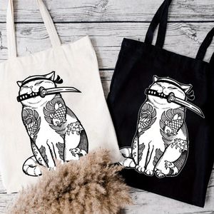 Fourre-Tout Chat Guerrier Japonais Amusant - Sac à Main de Grande Capacité au Style Japonais avec Imprimé Épée et Fleurs, Design Simple et Tendance pour Extérieur, Voyage, Shopping (Noir/Blanc)