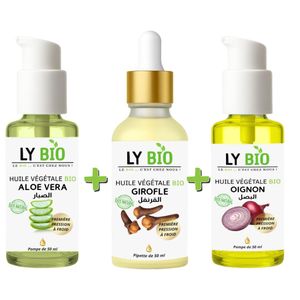 LY BIO PACK HUILE ALOE VERA 50ml - POMPE + HUILE GIROFLE 50ML - PIPETTE + HUILE OIGNON 50ML - POMPE