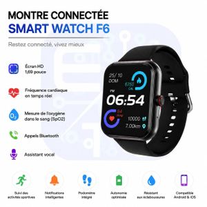 Montre Connectée Bluetooth avec Appels, Écran HD 1.69", Suivi Santé, SpO2 et Fréquence Cardiaque