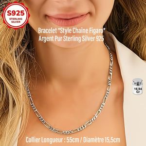 16,94Gr Collier en Argent Sterling S925*Style Chaîne Figaro* 92,5% d'Argent, Magnétique Médical, sans Nickel, Unisexe, Résistant à l’Oxydation, Élégant et Intemporel, Poids Collier : 16,94,00Gr, Longueur : 55cm, Idéal