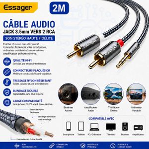 ESSAGER كابل صوت ستيريو من مقبس جاك 3.5 مم إلى 2 موصل RCA ذكر بطول 2 متر، كابل من النايلون المضفر