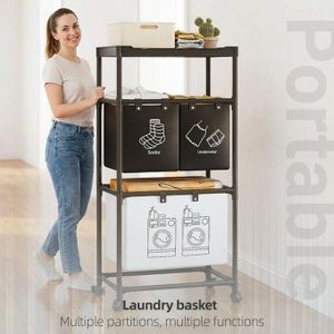 Panier à linge multifonction pour chambre, étagère à linge, salle de bain, double niveau, 3 paniers, tiges métalliques