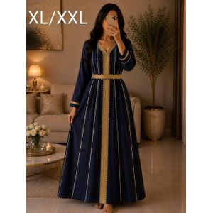 Caftan Majeur Bleu Marine & Gallons Dorés avec Ceinture