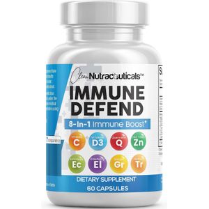 Clean Nutraceuticals Complément alimentaire  pour le soutien immunitaire 8 en 1 avec zinc 50 mg, quercétine, vitamine C 1000 mg, vitamine D3 5000 UI, sureau, gingembre - Renforce le système immunitaire des adultes, végétalien - 60 comprimés