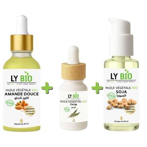 LY BIO PACK HUILE AMANDE DOUCE 50ML - PIPETTE + HUILE ESSENTIEL THYM 10ML + HUILE SOJA 50ML - POMPE