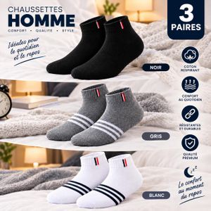 Lot de 3 Paires Chaussettes Homme en Coton Respirant Qualité Premium , Confortables, Résistantes et Style Sportif