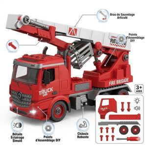 Camion de Pompiers à Assembler DIY – Camion de Chantier avec Tournevis et Bras Articulé – Jouet Éducatif avec Lumières et Sons – Véhicule de Secours de Grande Taille – Cadeau Enfant 3 Ans et Plus