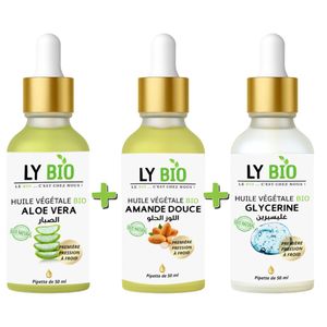 LY BIO PACK HUILE ALOE VERA 50ml - PIPETTE + HUILE AMANDE DOUCE 50ML - PIPETTE + HUILE GLYCERINE 50ml - PIPETTE