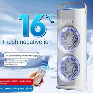 Ventilateur tour double tête avec humidificateur, réglable à 180° et rotatif à 90°, 3 vitesses de ventilation, lumière d'ambiance colorée, poignée portable, idéal pour la maison, le bureau, les voyages, le camping.