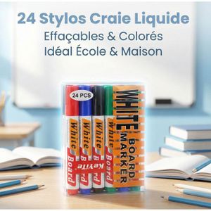 Pack Économique 24 Stylos Craie Liquide Colorés – Marqueurs Effaçables pour Tableau Blanc, Tableau Noir, Verre – Idéal École, Enfants, Bureau & Commerce