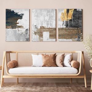 Set de 3 Tableaux Abstraits – Toiles Décoratives Murales Gris, Doré et Marron pour Salon