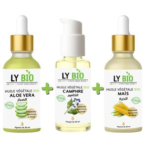 LY BIO PACK HUILE ALOE VERA 50ml - PIPETTE + HUILE CAMPHREE 50ML - POMPE + HUILE MAIS 50ML - PIPETTE