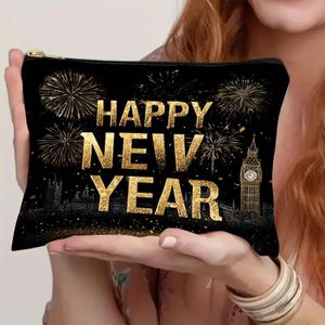 1pc Trousse  à Cosmétiques Célébration du Nouvel An 2026 - Design Feux d'Artifice et Big Ben Thème Londres avec Paillettes Dorées et