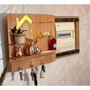 حامل مفاتيح خشبي يُعلق على الحائط بأربعة خطافات ورفين - منظم ديكور للمدخل والردهة - غطاء قاطع الدائرة / غطاء لوحة الكهرباء - صندوق أنيق يُعلق على الحائط