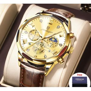 poedagar Montre d'homme de luxe légère, montre à quartz multifonctionnelle à la mode, cadran tourbillon lumineuses doré bracelet marron,