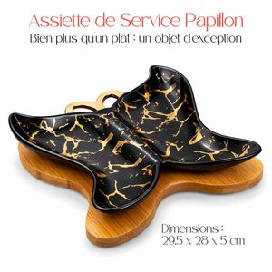 Prima Plat de Service Papillon en Porcelaine Marbrée & Bambou - Plat de Présentation Design Premium pour Amuse-bouche, Gâteaux, Chocolats, Fruits Secs - Vide-poche Entrée Moderne - Idée Cadeau Maison & Entreprise avec Gift Box Chic - Prix pas cher Maroc
