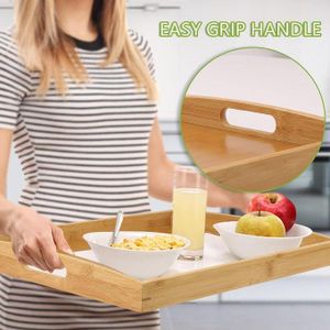Set de 3 plateaux en bambou avec poignées, larges plateaux de cuisine rectangulaires pour le petit déjeuner, idéal pour transporter des aliments et des boissons, plateau de petit-déjeuner pour cuisine, hôtel, restaurant.