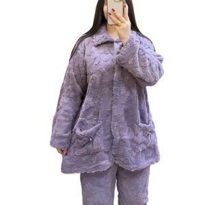 بيجامة شتاء نسائية، قماش قطيفة ناعم، طقم مريح دافئ ومموج