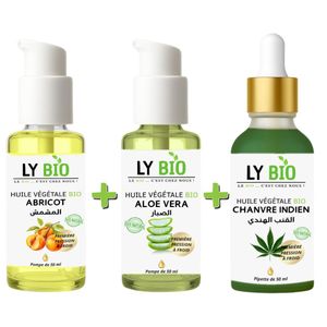 LY BIO PACK HUILE ABRICOT 50ML - POMPE + HUILE ALOE VERA 50ml - POMPE + HUILE HYDRATANTE & NUTRITIVE 50ML - PIPETTE