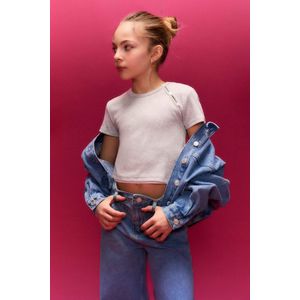 Defacto تيشيرت بنات نص كم مضلع قصة عادية برقبة مستديرة