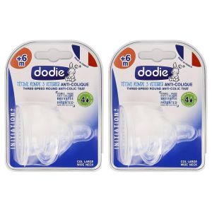 Dodie Tétine Anti-Colique Ronde 3 Vitesses - Confort Bébé - Pour +6 Mois - 2 Pièces - Lot de 2 - Fabriqué en France