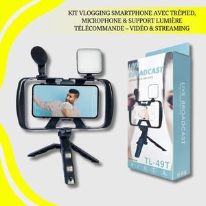Kit Vlogging Smartphone avec Trépied, Microphone & Support Lumière – Télécommande – Vidéo & Streaming