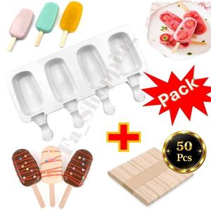 Moule à Glaces et Esquimaux en Silicone – 4 Cavités avec 50 Bâtonnets en Bois inclus – Idéal Desserts Glacés et Sucettes Chocolatées