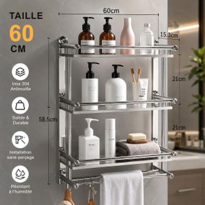 Étagère Salle de Bain 3 Niveaux en Inox – Organisateur Mural 60 cm avec Porte-Serviettes – Sans Perçage