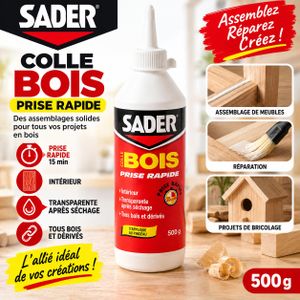 Sader Colle à Bois Prise Rapide Assemblage Bricolage Menuiserie Transparente Après Séchage Intérieur Biberon 500 g