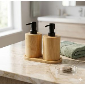 Distributeur de Savon et Lotion Double en Bambou Naturel - 2 Bouteilles avec Pompes Noires Mat et Plateau Assorti - Pour Salle de Bain et Cuisine