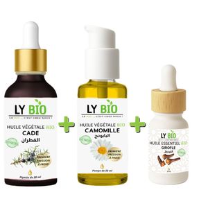 LY BIO PACK HUILE CADE 50ML - PIPETTE + HUILE CAMOMILLE 50ML - POMPE + HUILE ESSENTIEL GIROFLE 10ML