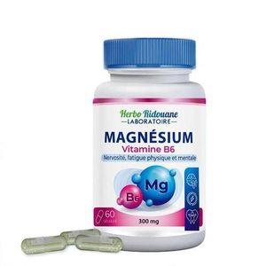 Herbo Ridouane Complexe magnesium + Vitamine B6 - Suppléments de magnesium - Soutien immunitaire, regain d'énergie et santé osseuse - Végétalien - 60 capsules.